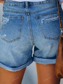 Shorts vaqueros casuales de mujer con efecto lavado y desgastado versátil a la moda