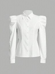 Flirla Women's Slim Fit Shirt With Leg-Of-Mutton Sleeve, Solid Color,Long Sleeve Tops