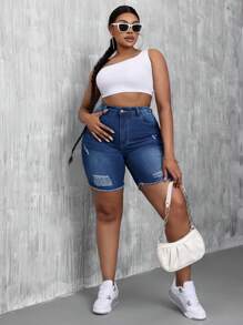 SHEIN SXY Plus Size Summer Casual Slim Fit Distressed Frayed Denim Shorts - Dark Wash - View 6