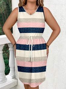 EMERY ROSE Plus Size Summer Casual Color Block Striped Sleeveless Dress With Cinched Waist - Baby Pink - View 3