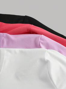 SHEIN 4 件装少女针织纯色短袖休闲 T 恤套装 - 玫紅色 - 查看 9