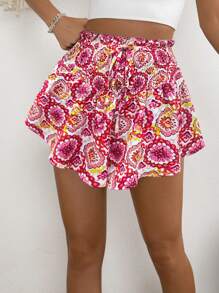 Breezaya Floral Allover Print Elastic Waist Shorts For Vacation & Leisure - Multicolor - View 1