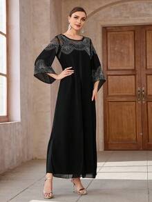 Vestido negro con mangas largas y cuello redondo para mujer, decorado con pedrería árabe - Negro - Ver 5