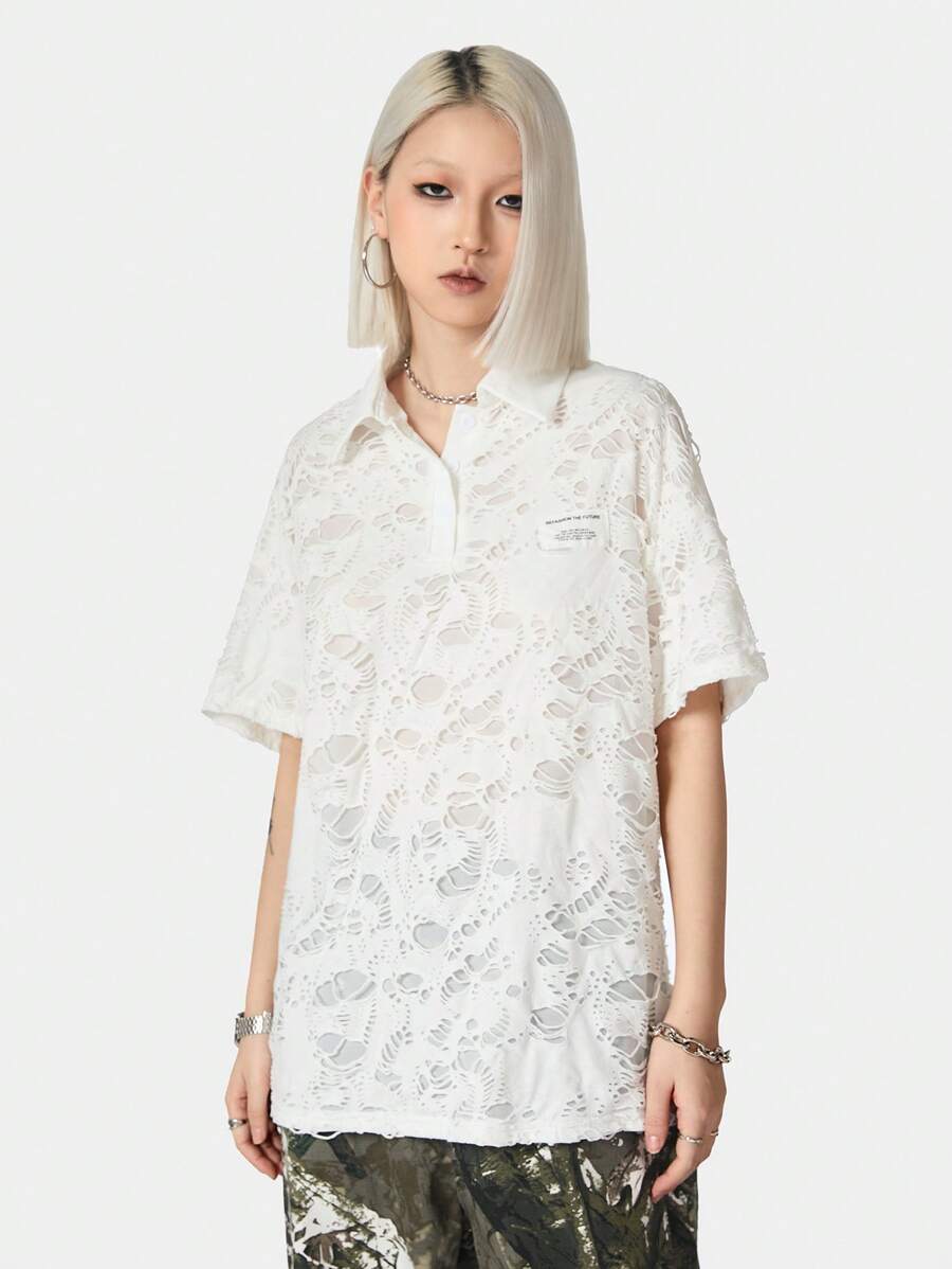 SHEIN EZwear تي شيرت صيفي نسائي بأكمام قصيرة واسعة ممزقة وفضفاضة - أبيض - مشاهدة 1