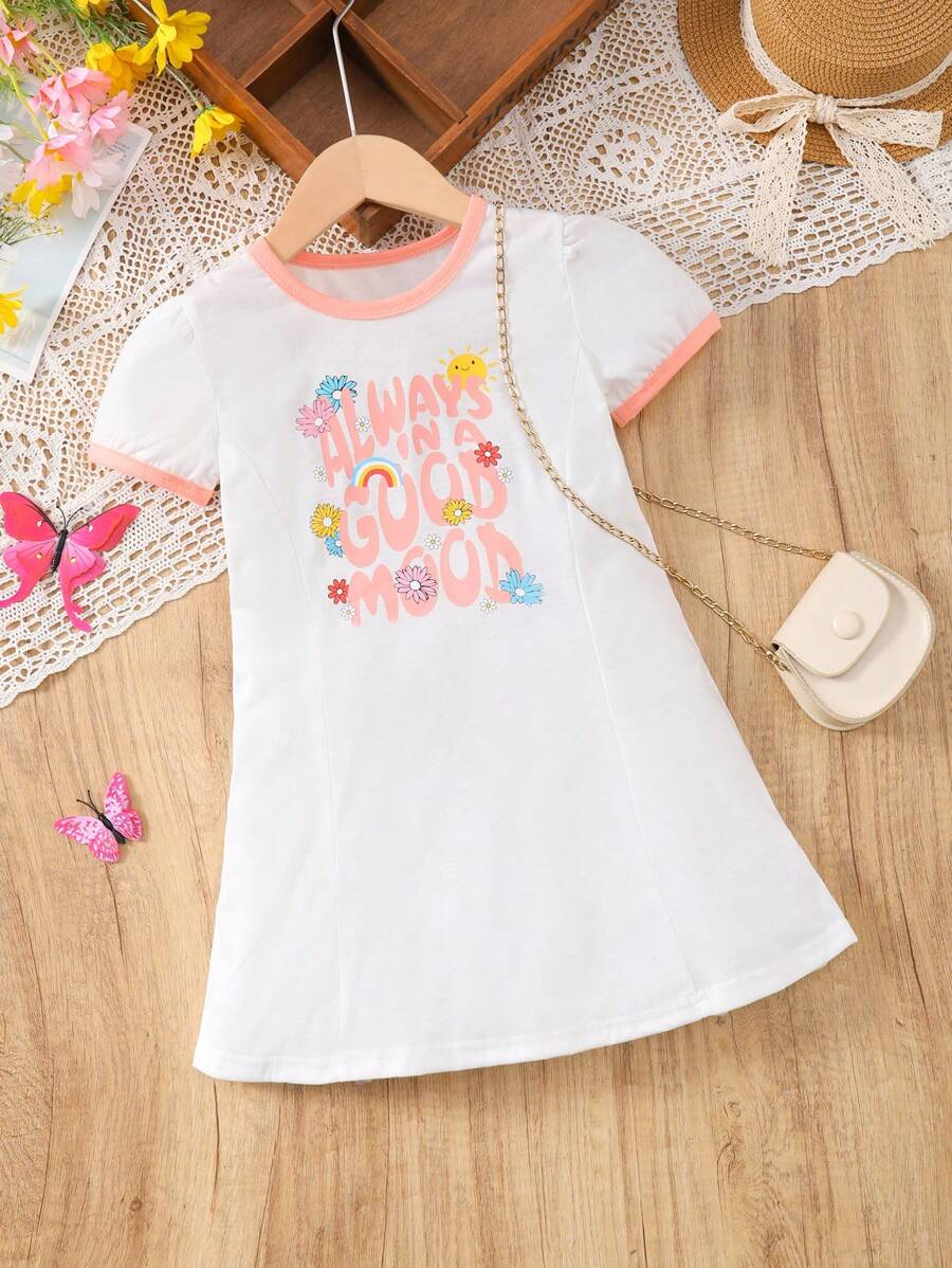 Young Girl's Summer Casual Puff Sleeve Letter Print Dress - White - View 1