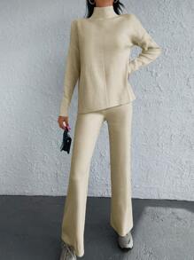 EURMUSE High Neck Drop Shoulder Jumper & Knit Trousers - White - View 4