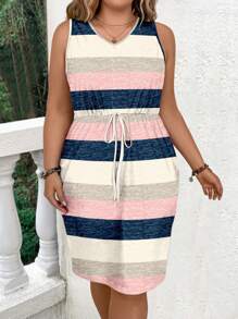 EMERY ROSE Plus Size Summer Casual Color Block Striped Sleeveless Dress With Cinched Waist - Baby Pink - View 4