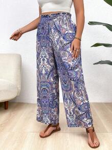 大尺碼女士復古風格印花簡約日常褲 - 藍色 - 查看 5