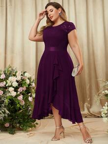 MIUSOL Plus Contrast Floral Lace Chiffon Ruffle Trim Wrap Hem Formal Dress Elegant Bridesmaid Dress - Maroon - View 5