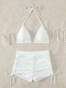 SHEIN Swim 夏季海滩纯色比基尼套装吊带三角胸罩和高腰平角短裤 2 件比基尼 - 白色 - 查看 4