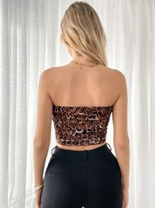 Chiquease 女士夏季豹紋印花拉皺短款無肩帶上衣 - 咖啡棕 - 查看 2