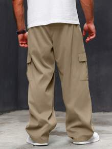 Manfinity Homme 男士加大码纯色简约日常工装裤，适合秋季 - 卡其色 - 查看 2