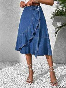 Breezaya Women's Denim Ruffle Hem Midi Skirt - Medium Wash - View 4