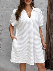 SHEIN LUNE Texture Weave Fabric V-Neck Puff Sleeve A-Line Dress With Pockets, Plus Size - White - View 3