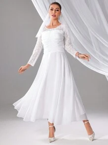 SHEIN Belle Ladies' Simple & Elegant Solid Color Lace Decorated Wedding Dress - White - View 4