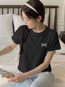DAZY Women's Short Sleeve T-Shirt With Bow Embroidery On Round Neck Graphic Tee - Black - View 5