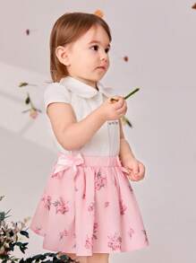 SHEIN Baby Girls' Embroidered Top + Digital Printed A-Line Skirt Set, 2pcs