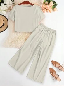 INAWLY Conjunto de dos piezas para mujer: top de manga corta y cuello redondo de unicolor, y pantalones - Albaricoque - Ver 3