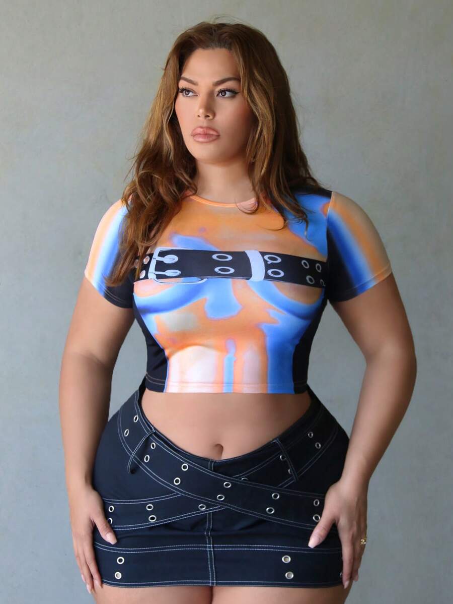 Flirla Summer Women's Plus Size Eyelet Buckle Design Printed Round Neck Short Sleeve Slim Fit Crop Top T-Shirt - Multicolor - View 1