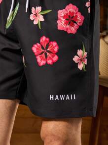 Surfspeed Men's Holiday Casual Beach Shorts With Floral Print - Black - View 6