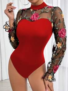 Chiquease Women's Valentine's Day Embroidered Mesh Patchwork Bodysuit (Random Cut) - Red - View 6