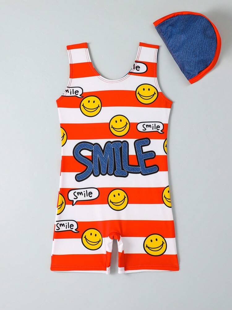 Young Boy One-Piece Sleeveless Swimsuit With Hat, Summer, Print Design