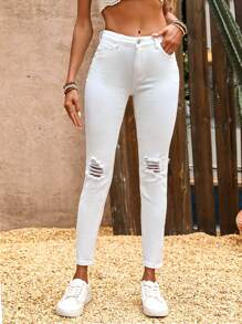 Breezaya Women's Skinny Elastic Jeans For Daily Wear With Distressed Holes