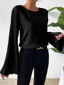 Ellegaria. Camiseta casual para mujer de primavera/verano de unicolor con cuello redondo, mangas acampanadas y ajuste suelto - Negro - Ver 5