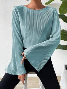 SHEIN LUNE Women's Spring And Summer Solid Color Round Neck Flare Sleeve Loose Casual T-Shirt - Blue - View 1