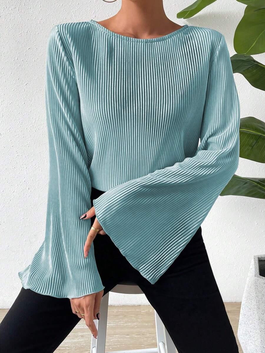 SHEIN LUNE Women's Spring And Summer Solid Color Round Neck Flare Sleeve Loose Casual T-Shirt - Blue - View 1