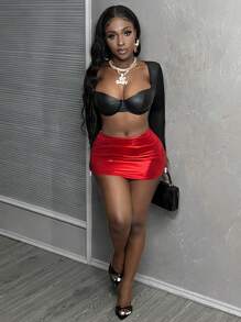 Slaydiva Valentine's Day Sexy Gold Ruched Skirt For Women, Asymmetrical Hemline With Side Ruching