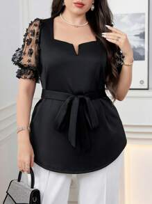 Modelyn 大码女式夏季花卉撞色网眼泡泡袖优雅T恤 - 黑色 - 查看 1