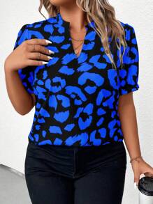 Plus Size Women's Elegant Leopard Printed V-Neck Short Puff Sleeve Summer Blouse
