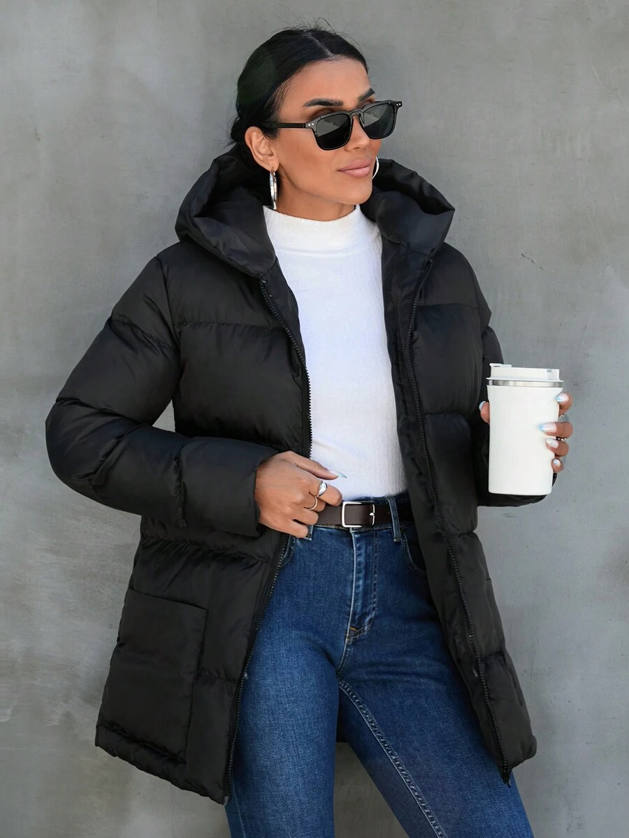 RueChic Dual Pocket Hooded Puffer Coat - Black - View 1