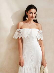 Anewsta Ruffle Lace Dress With Ruffle Trim And Waist Cinching, Elegant Maxi Length For Holiday Party Clothes - White - View 3