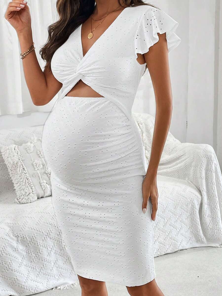 SHEIN Vestido casual de manga corta para embarazadas con cuello en V de unicolor, diseño de abullonado, calado y bordado, para el verano