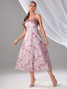 SHEIN Belle Floral Allover Print Mesh Splice Women's Evening Dress With Spaghetti Strap - Pink - View 4