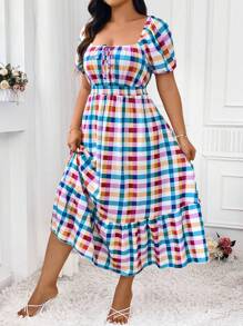 SHEIN Clasi Váy cổ vuông kẻ caro in họa tiết cỡ lớn có dây buộc eo, hoàn hảo cho trang phục Maxi dành cho phụ nữ đi nghỉ hè - Nhiều màu - Xem 6