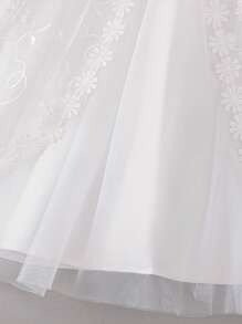 Baby Girl Short Puff Sleeve Long Baptism Dress, White Wedding Party Flower Girl Dress