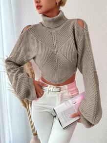 EURMUSE Turtleneck Drop Shoulder Crop Sweater - Beige - View 1