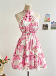 Soleia 女装假日风格粉色碎花纹理雪纺面料吊带露背A字裙婚礼季毕业季返校季可爱午餐休闲优雅初秋夏粉色白色连衣裙