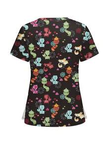 Fashionable Cat Printed Short Sleeve Scrub Top - Black - View 2