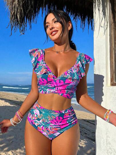SHEIN Swim Conjunto de traje de baño de dos piezas con estampado tropical para playa y verano