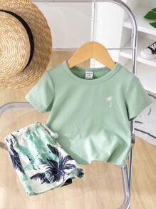 Baby Boy Casual Comfortable Coconut Tree Pattern Outfit Set - Green - View 8