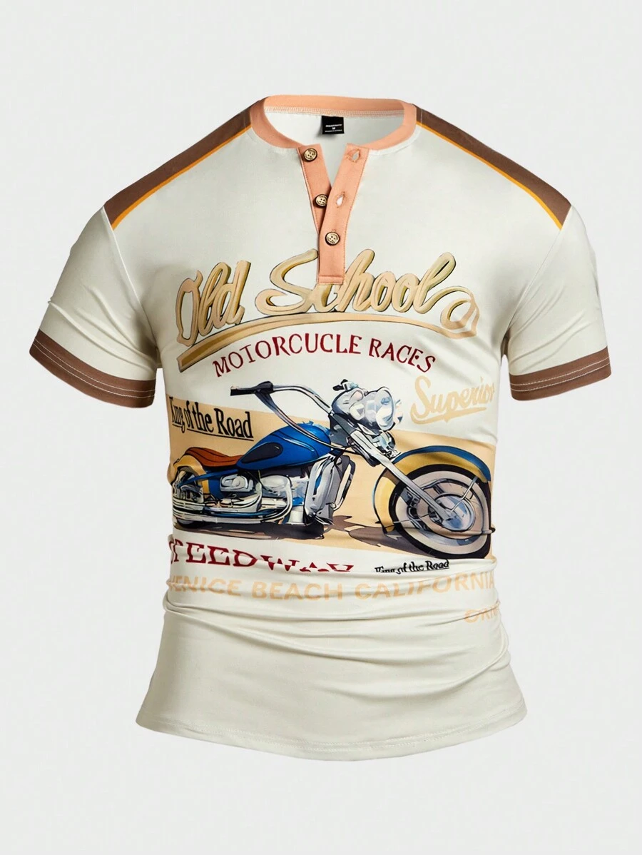 Manfinity LEGND Men's Summer Casual Slogan Harley Printed Round Neck Short Sleeve T-Shirt - Beige - View 1