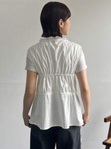 FRIFUL Blusa de manga corta con lazo en la parte delantera, de unicolor y sencillo para uso diario, con volantes