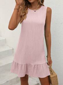 Breezaya Solid Color Sleeveless Ruffle Hem Round Neck Summer Dress Vacation Beach Outfits Women