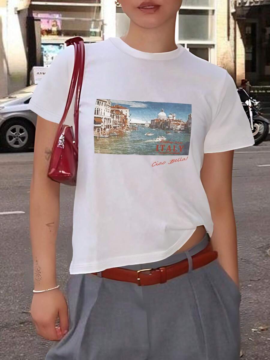 INAWLY Women's Summer Letter Printed Round Neck Short Sleeve Casual T-Shirt Greetings From ITALY Graphic Tees Women Tops - White - View 1