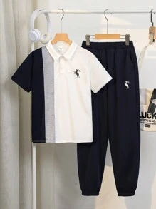 SHEIN 青少年男孩拼色休閒有領短袖POLO衫和慢跑褲套裝 - 藍色 - 查看 2
