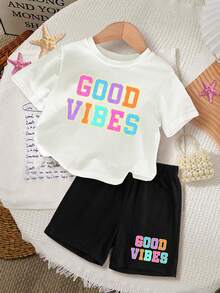 Schwestern Outfits im Partnerlook, Set aus legerem T-Shirt mit bedruckten Buchstaben und Shorts für Kleine Mädchen, Sommer - Verschiedenfarbig - Übersicht 2